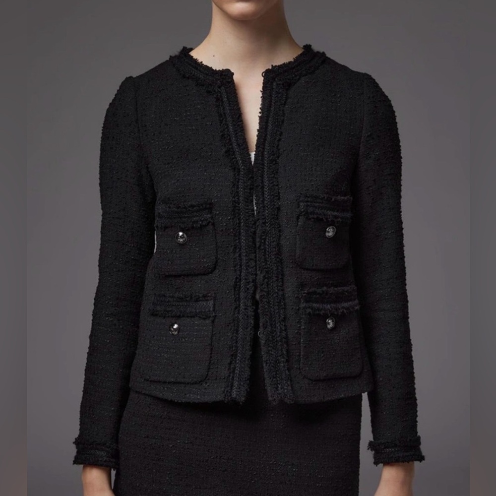 Anne Klein Black Collarless Tweed Patch-Pocket Chain Trim Blazer Jacket Size 16